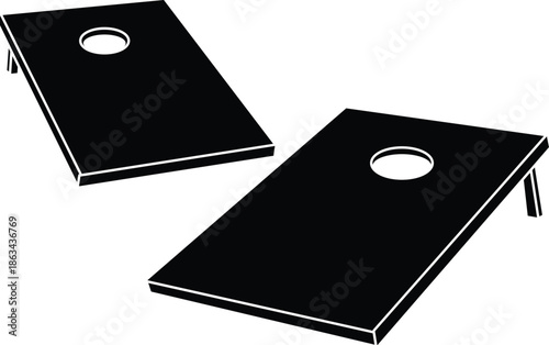 Black silhouette illustration of two blank cornhole boards set up for a bean bag toss game, representing summer outdoor backyard recreation, tailgating activities, and competitive lawn games.