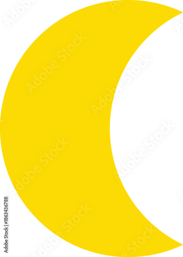 Bright yellow flat design crescent moon icon isolated on a white background, representing nighttime, sleep, dreams, astronomy, lunar phases, space exploration, and simple weather or nature graphics.