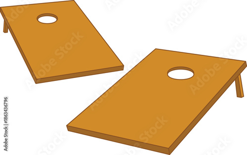 Vector illustration of two wooden cornhole boards set up for a bean bag toss game, representing summer outdoor backyard recreation, tailgating activities, competitive lawn games, and family party fun.