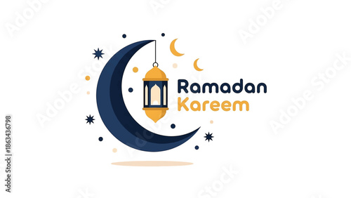 Ramadan Kareem Crescent Moon and Hanging Lantern Flat Vector Illustration