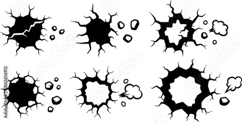 Set of six black cracked hole vector design elements with jagged edges and debris