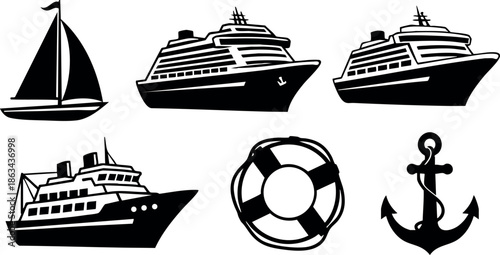 Nautical ships and sailboat vector set with anchor and lifebuoy marine travel icons