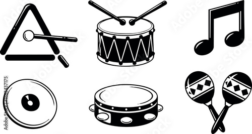 Musical percussion instruments vector set with drum, triangle, tambourine, cymbal, maracas and music note icons