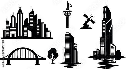 City skyline with modern high-rise buildings bridge windmill and observation tower vector illustration in black silhouette style