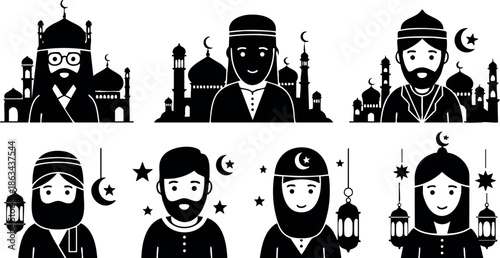 Muslim men and women with mosque and crescent moon Islamic religious symbols vector illustration