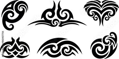 Abstract tribal tattoo designs with black swirling patterns and curves for body art and decoration vector illustration