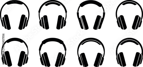 Headphones icons set with simple black silhouette design for audio listening and music devices vector illustration