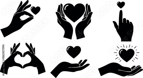 Heart care and love gesture icons collection with hands showing affection and support in vector format