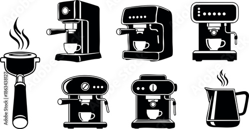 Coffee maker and espresso machine black silhouette vector icons with steaming cup and kettle illustration