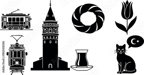 Vector set of Istanbul tram, Galata Tower, tea glass, tulip flower, and cat silhouette icons