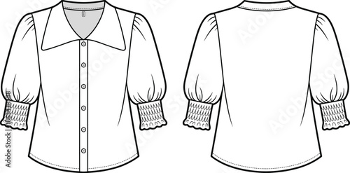 Women button blouse front and back view technical fashion sketch, puff sleeve smocked cuff shirt cad drawing flat vector illustration