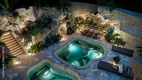 Exclusive spa retreat in a serene natural setting with pools and lush vegetation