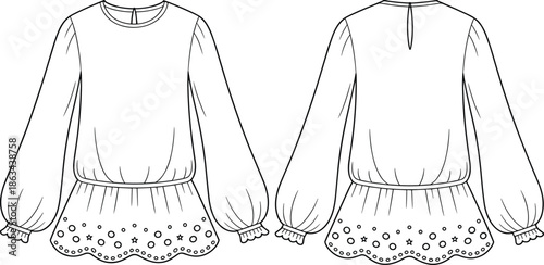 Women long sleeve blouse front and back view technical fashion sketch, round neck top cad drawing flat vector illustration