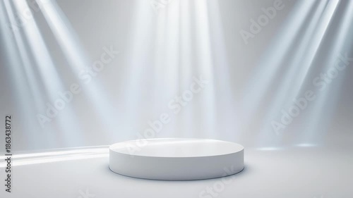 Minimalist White Podium with Volumetric Spotlights for Product Display.