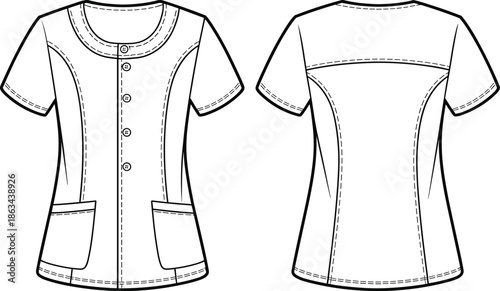 Women medical scrub top technical fashion sketch, front back view, short sleeve uniform shirt design, cad drawing flat vector illustration