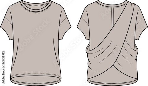 Women t shirt technical flat sketch vector illustration front and back view draped wrap design fashion apparel cad drawing