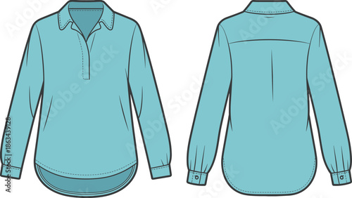 Women tunic shirt technical sketch, long sleeve collared top front back view, fashion apparel cad drawing flat vector illustration template