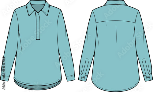 Women tunic shirt technical sketch, long sleeve collared top front back view, fashion apparel cad drawing flat vector illustration