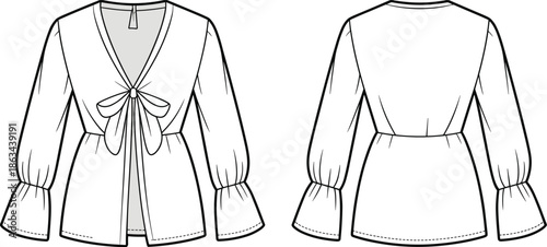 Women wrap blouse technical fashion flat sketch, front back view, long sleeve bow tie top design, cad drawing flat vector illustration