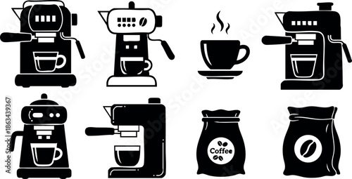 Coffee machine icons with steaming cup and coffee bag vector set for beverage and kitchen design