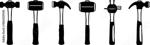 Set of black silhouette hammer tools vector icons isolated on white background for construction and repair work design