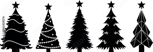 Christmas tree silhouettes with star toppers in black and white festive decoration vector set