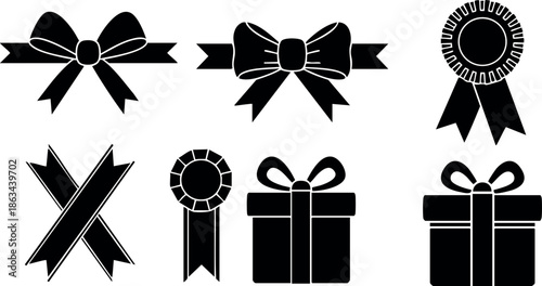 Ribbon bow gift box award badge icons set in black vector design elements for decoration and celebration
