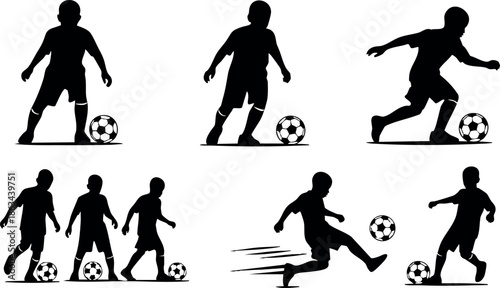 Silhouette soccer player kicking and dribbling football ball vector illustration set of six dynamic poses