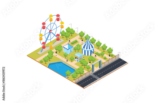 Amusement park isometric vector concept. Happy people in amusement park white background