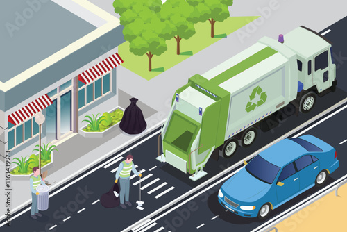 Illustration People putting bags with trash into garbage truck 3d isometric vector illustration