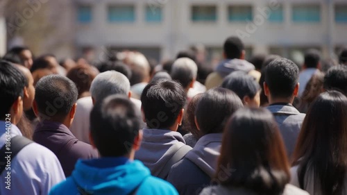 Densely packed crowd of people viewed from behind at a public event or concert