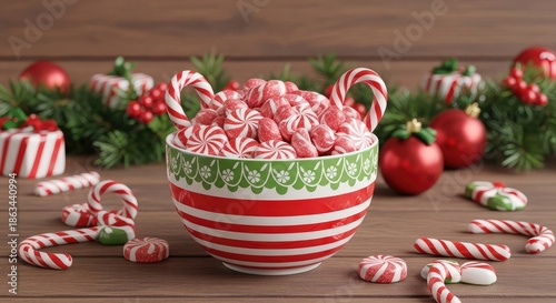Festive red and white striped bowl filled with candy canes on a wooden table surrounded by christmas decorations and candy canes