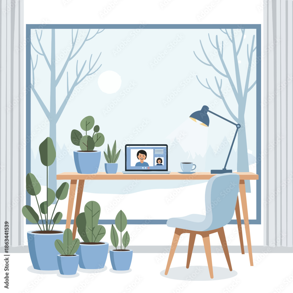 Obraz premium Cozy Home Office with Video Call and Winter View