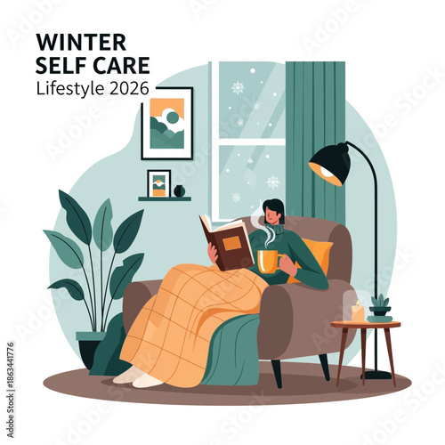 Cozy Winter Self Care: Person Reading and Drinking Tea by the Window