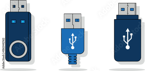Modern Blue USB Flash Drive and Cable Connector Icon Set Vector for Computer Technology, Data Storage, and Digital Transfer.