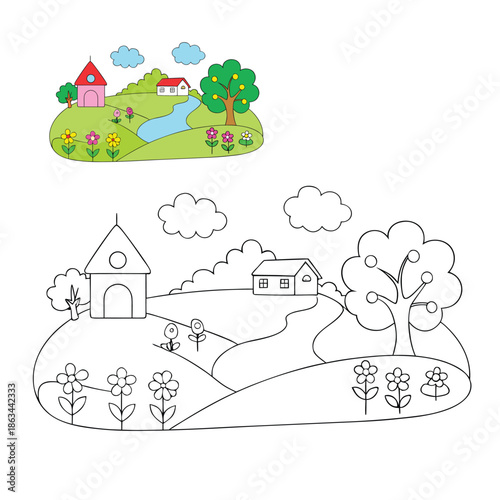 Beautiful spring countryside coloring page with rolling hills, blooming flowers, trees, cozy cottages, butterflies, and a peaceful sky inviting creativity and calm.
