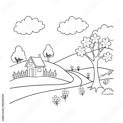 Beautiful spring countryside coloring page with rolling hills, blooming flowers, trees, cozy cottages, butterflies, and a peaceful sky inviting creativity and calm.
