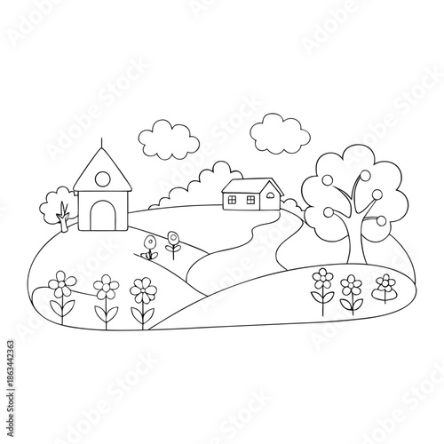 Beautiful spring countryside coloring page with rolling hills, blooming flowers, trees, cozy cottages, butterflies, and a peaceful sky inviting creativity and calm.
