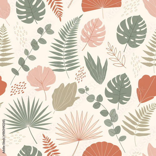 Seamless pattern of tropical leaves and abstract elements in pastel colors, elegant botanical design for home decor and textiles