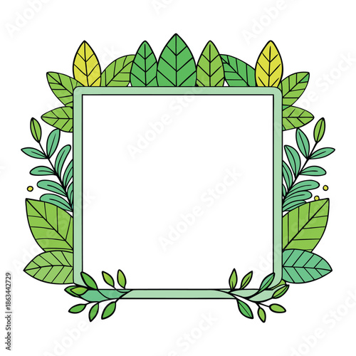 Fresh spring frame with lush green foliage, budding leaves, and soft florals forming a natural border, airy and bright, perfect for seasonal greetings and designs.
