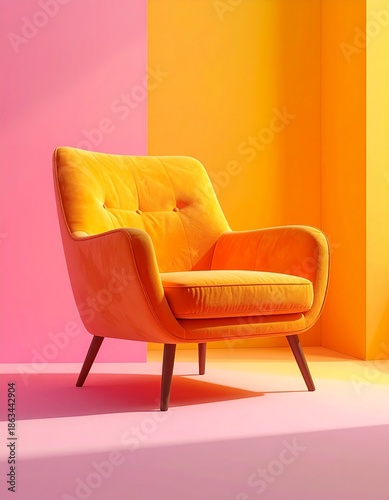 Modern Orange Velvet Armchair on Pink and Yellow Geometric Background