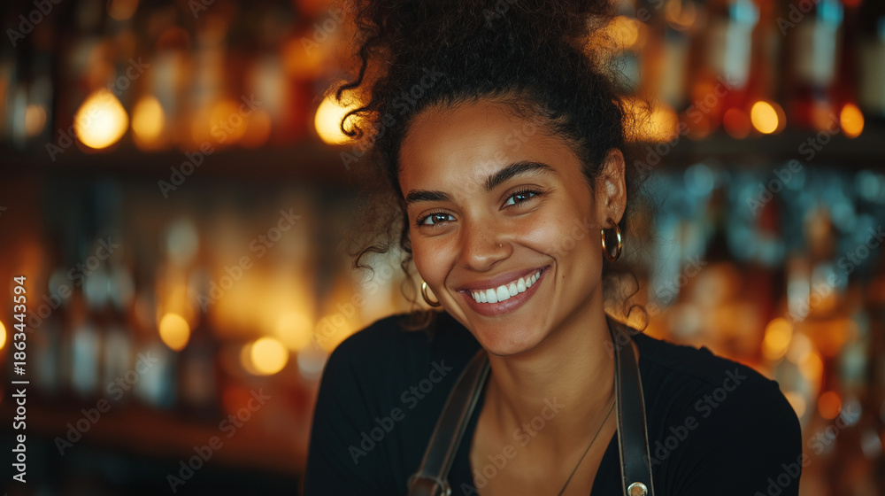 Fototapeta premium Smiling Bartender Woman with Mixed Beverages at Lively Nightlife Bar – Happy and Professional Service in an Urban Setting