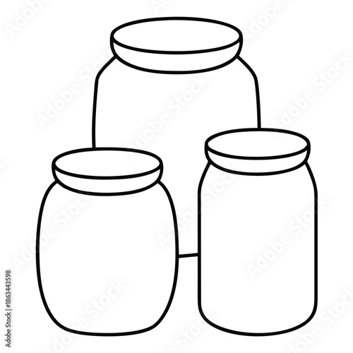 Simple black and white outline drawing illustrating three different sized glass jars or containers clustered together for food preservation or storage concepts outline icon
