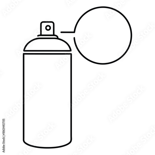 Simple black and white outline icon representing a pressurized aerosol spray can with an empty speech bubble next to the nozzle ready for custom text insertion or graphic design concept.