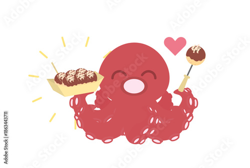 たこ焼きを持って嬉しそうなタコのキャラクターのイラスト