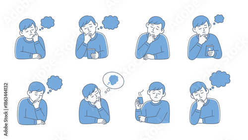 A collection of illustrations depicting people in various states of contemplation and worry.