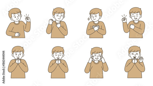 A collection of illustrations showing a young man expressing various emotions and actions.