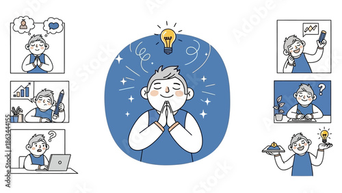A person meditating with an idea bulb above their head surrounded by stars and equations.