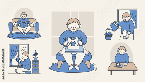 A person engaging in various daily activities at home.