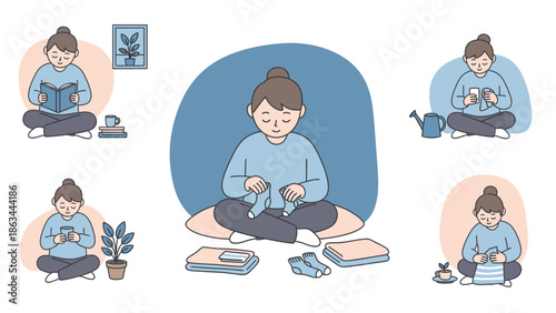 A woman engaged in various relaxing hobbies and self-care activities.